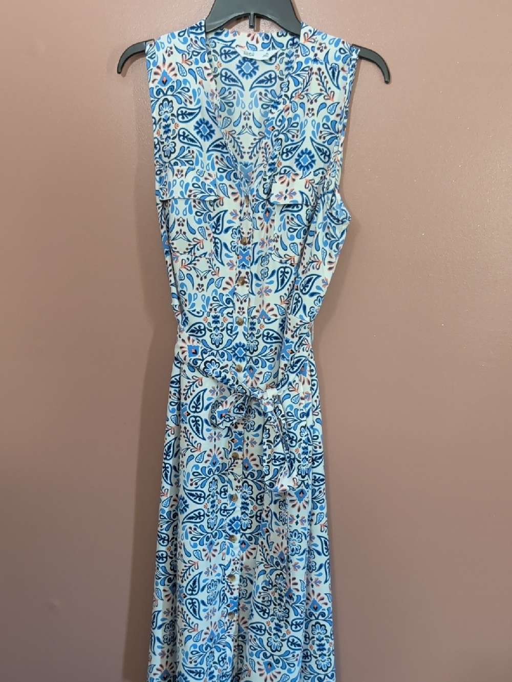 croft & barrow Blue and White Sleeveless Printed Tie-Waist Midi Dress